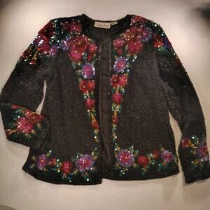 Vintage Laurence Kazar Jacket 100% Silk Sequin Beaded Floral Holiday Party Med